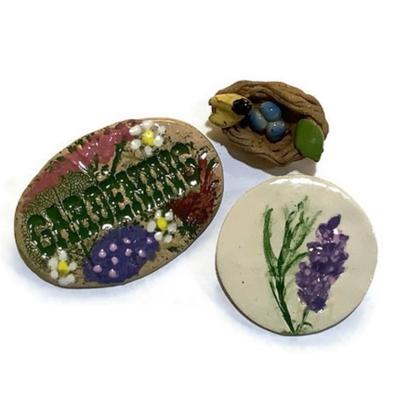Patti Beck Jewelry - 3 Ceramic Flower Gardening Brooches